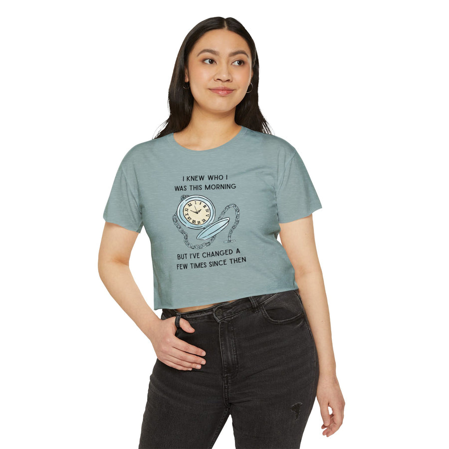 Women's Crop Top T-shirt — 'I Knew Who I Was This Morning' Wonderland Graphic Tee