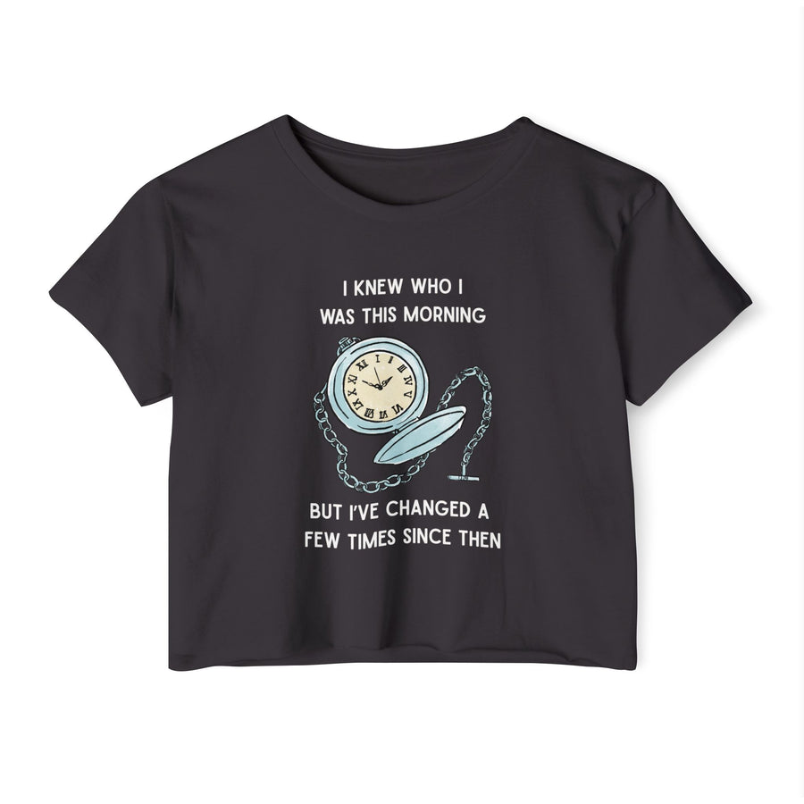 Women's Crop Top T-shirt — 'I Knew Who I Was This Morning' Wonderland Graphic Tee