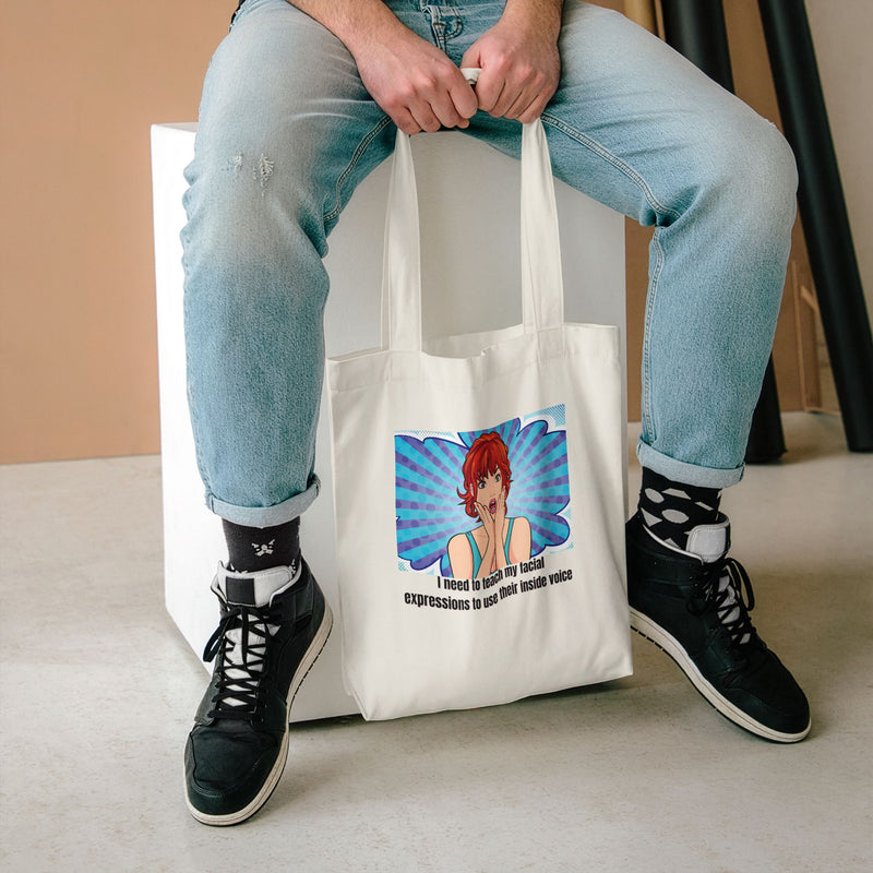 Retro Pop Art Reusable Tote Bag — "Teach My Facial Expressions to Use Their Inside Voice" Large Cotton Shopper