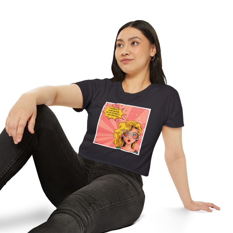 Retro Pop Art Crop Top Tee — “I Wanna Be 14 Again and Ruin My Life Differently” Graphic T-shirt