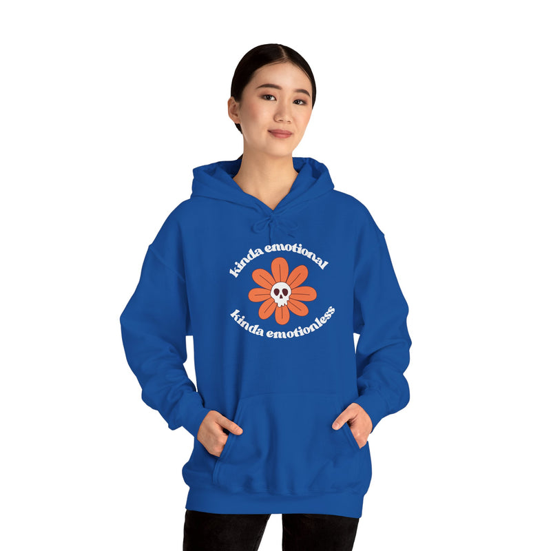 Floral Skull Graphic Hoodie — "Kinda Emotionless, Kinda Emotional" Mental Health Awareness Hooded Sweatshirt