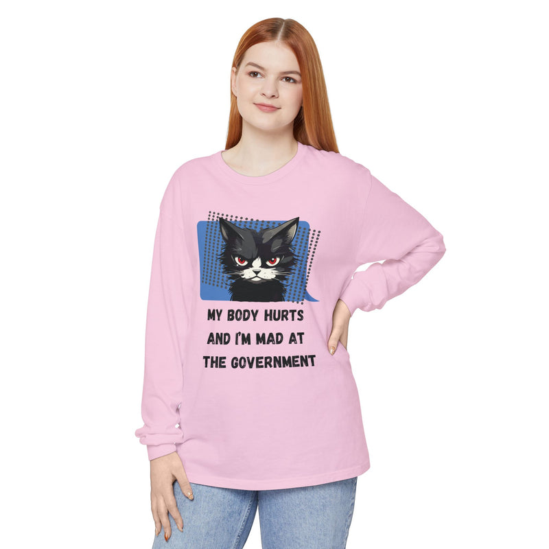 Long Sleeve T‑Shirt – "My Body Hurts and I’m Mad at the Government" Cat Graphic Oversized Tee