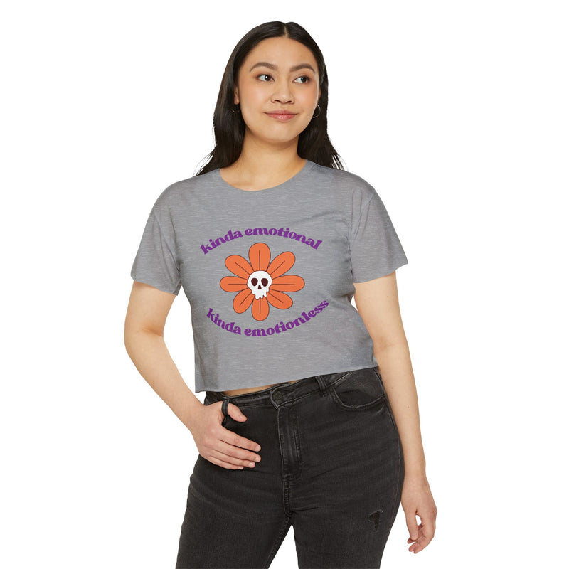 Crop Top — "Kinda Emotional Kinda Emotionless" Skull Flower Festival Tee