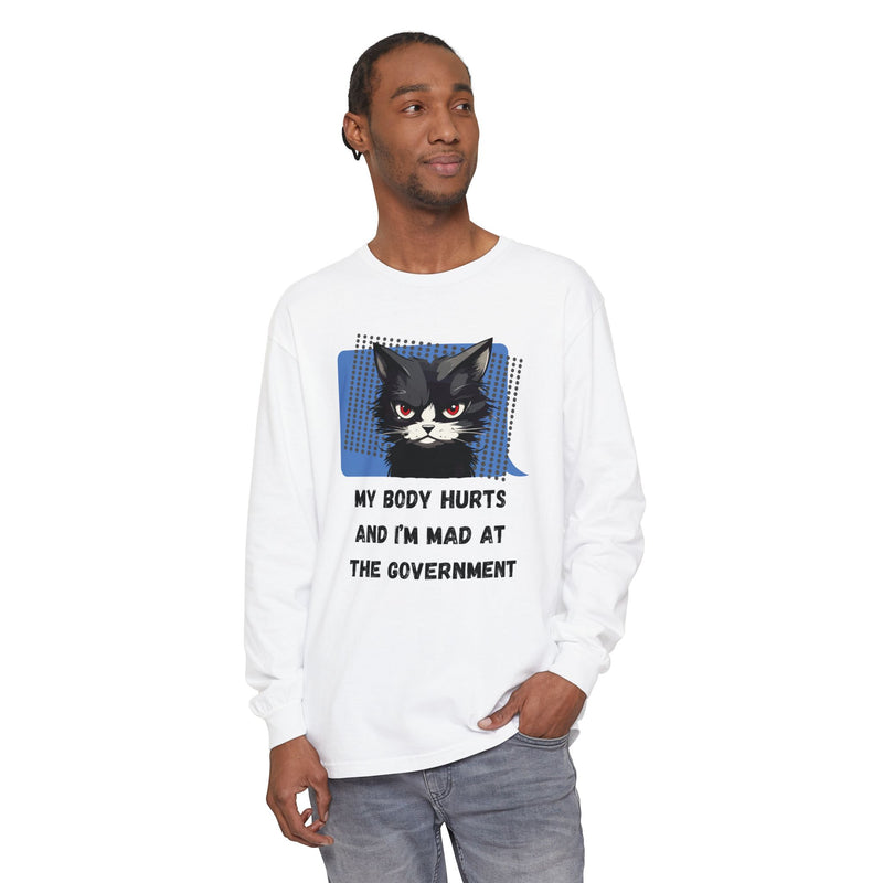 Long Sleeve T‑Shirt – "My Body Hurts and I’m Mad at the Government" Cat Graphic Oversized Tee