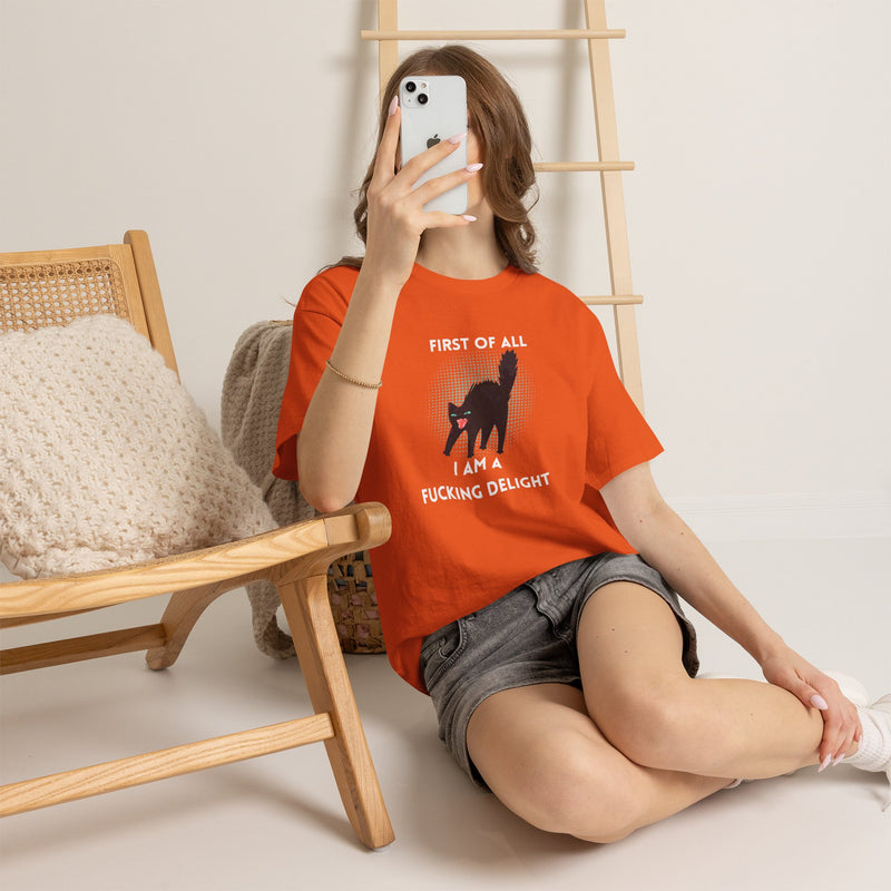 Sassy Cat Graphic Tee — "First of All I Am a Fucking Delight" Black Cat Humor T-Shirt