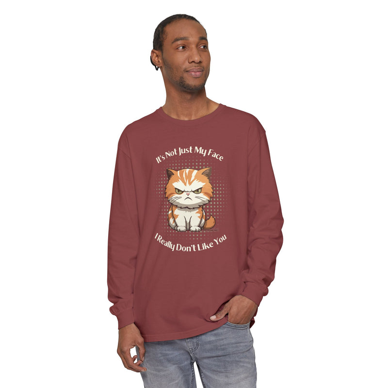 Sassy Cat Long Sleeve Tee — "It's Not Just My Face, I Really Don't Like You" Oversized T-Shirt