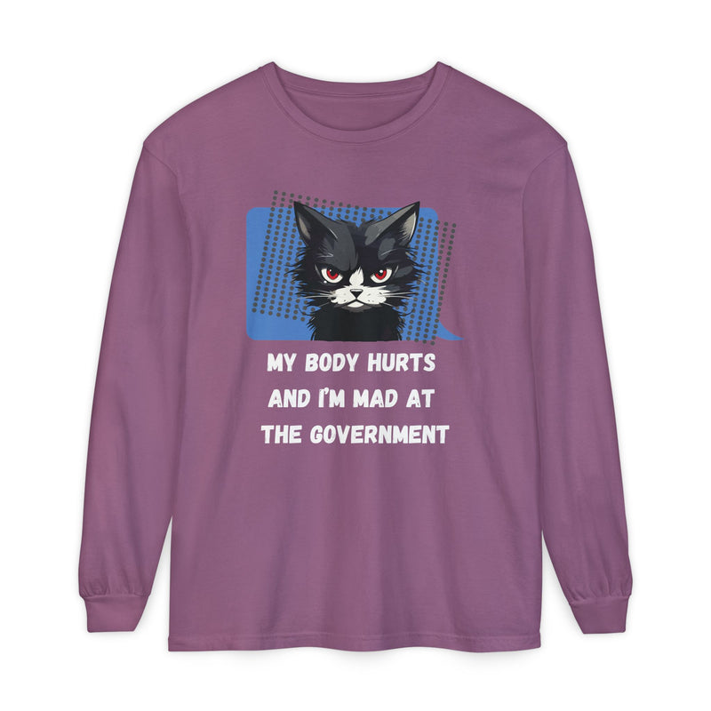 Long Sleeve T‑Shirt – "My Body Hurts and I’m Mad at the Government" Cat Graphic Oversized Tee
