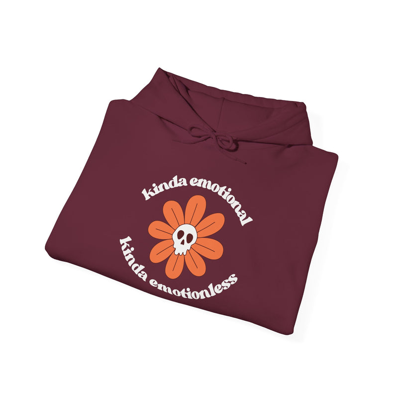 Floral Skull Graphic Hoodie — "Kinda Emotionless, Kinda Emotional" Mental Health Awareness Hooded Sweatshirt