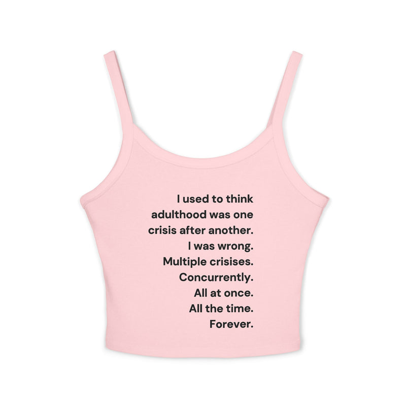 Women's Crop Tank Top — 'Adulthood' Minimalist Text Cropped Spaghetti Strap Tank