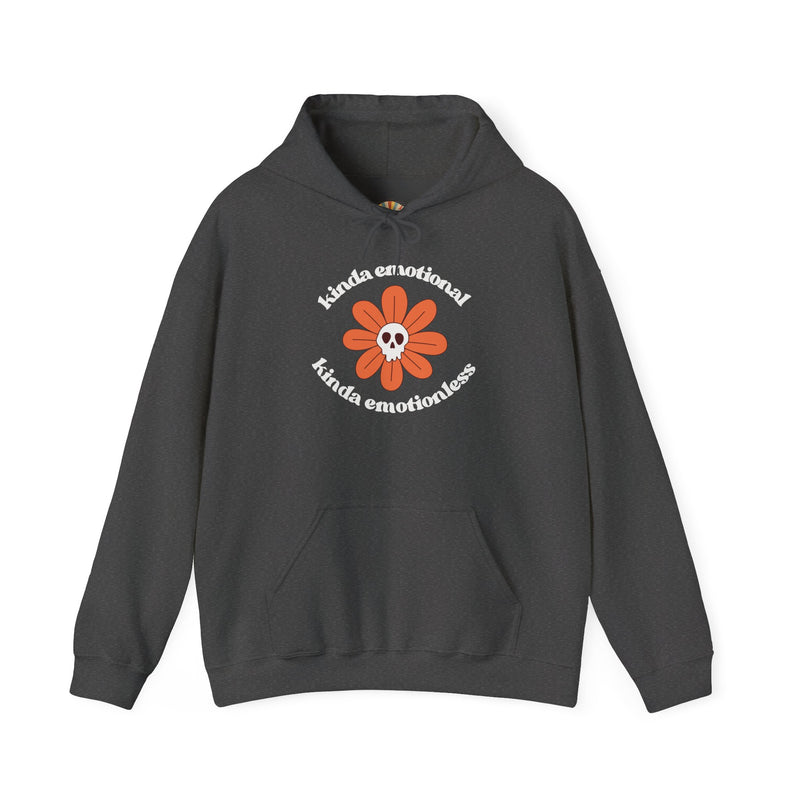 Floral Skull Graphic Hoodie — "Kinda Emotionless, Kinda Emotional" Mental Health Awareness Hooded Sweatshirt