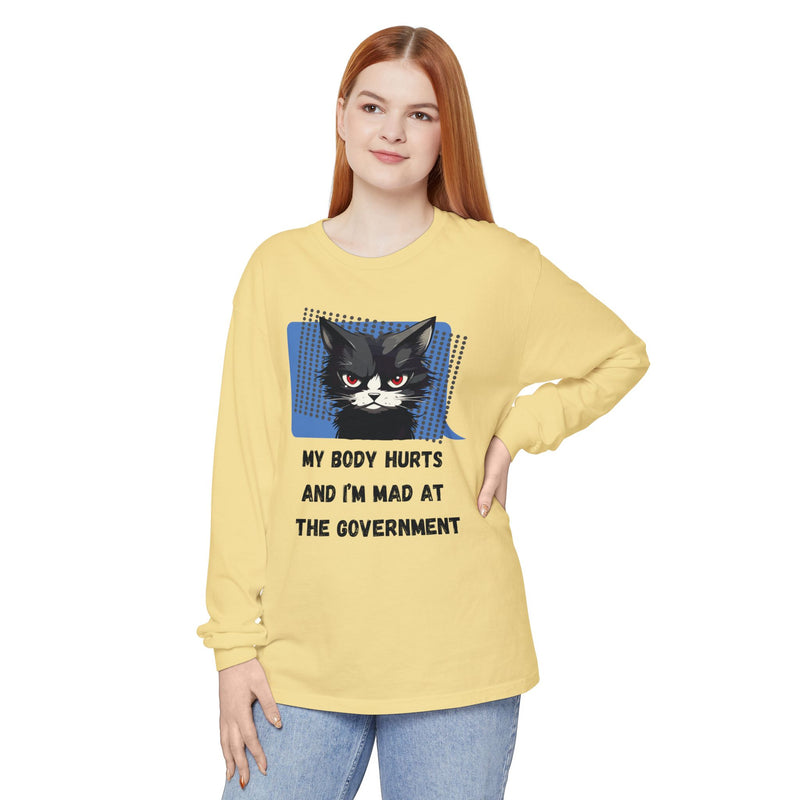 Long Sleeve T‑Shirt – "My Body Hurts and I’m Mad at the Government" Cat Graphic Oversized Tee