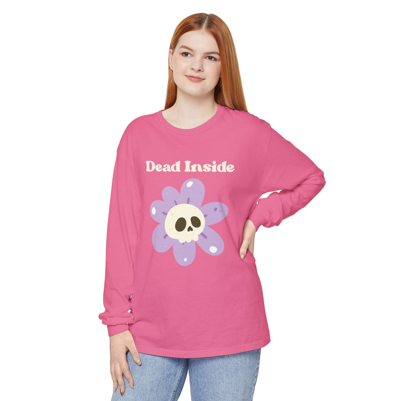 "Dead Inside" Oversized T-Shirt - Skull Flower Long Sleeve Tee