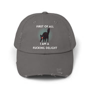 Distressed Baseball Cap — "First Of All I Am A Fucking Delight" Sassy Cat Hat