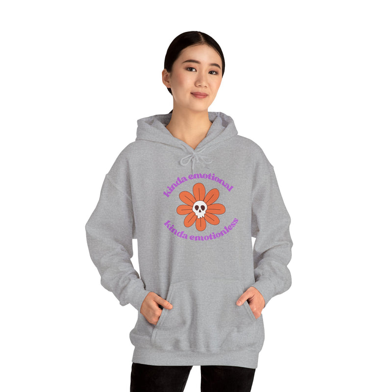 Floral Skull Graphic Hoodie — "Kinda Emotionless, Kinda Emotional" Mental Health Awareness Hooded Sweatshirt