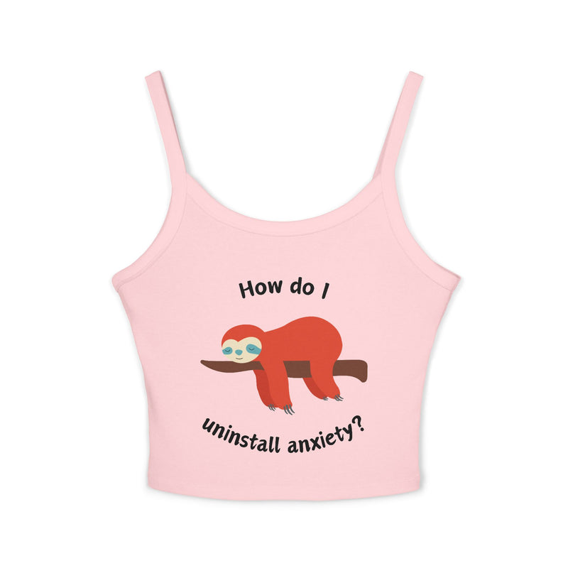 Women’s Tank Top — Exhausted Sloth “How do I uninstall anxiety?” Graphic Crop Tank