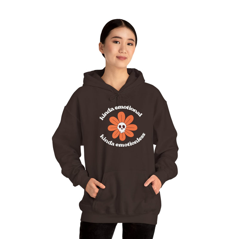 Floral Skull Graphic Hoodie — "Kinda Emotionless, Kinda Emotional" Mental Health Awareness Hooded Sweatshirt