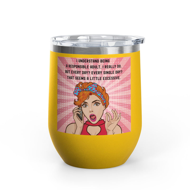 "Responsible Adult"Retro Pop Art Insulated Wine Tumbler - Stainless Steel 12oz