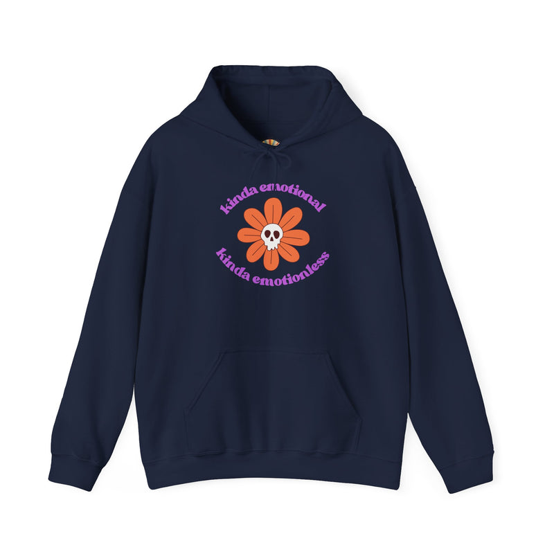 Floral Skull Graphic Hoodie — "Kinda Emotionless, Kinda Emotional" Mental Health Awareness Hooded Sweatshirt