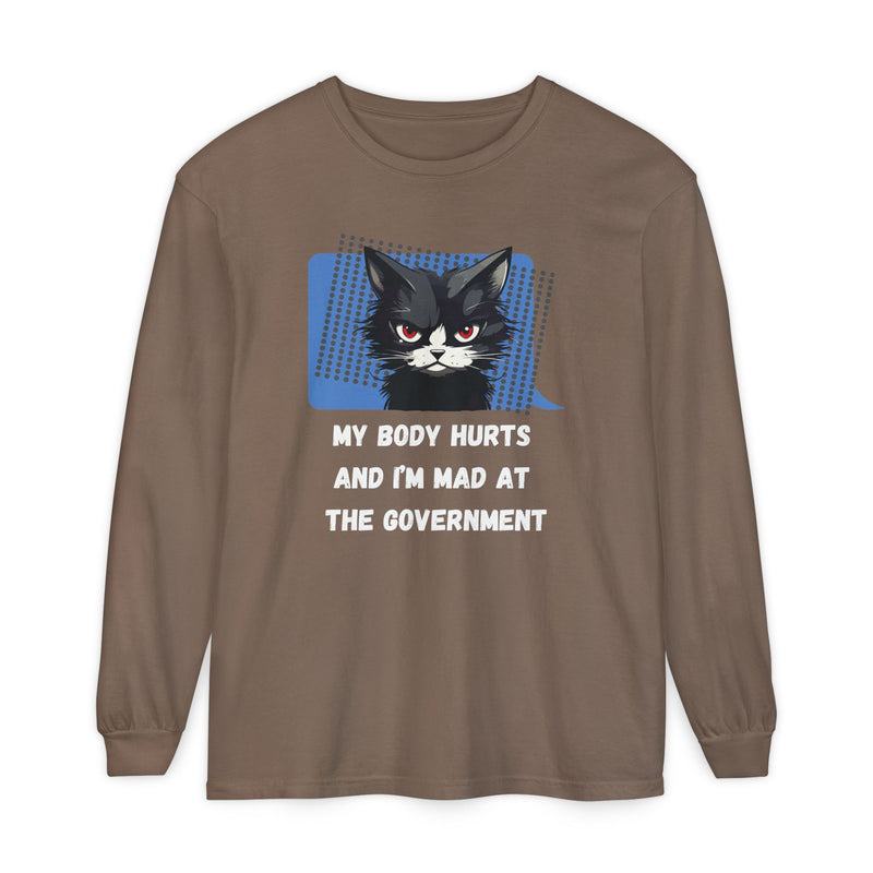 Long Sleeve T‑Shirt – "My Body Hurts and I’m Mad at the Government" Cat Graphic Oversized Tee