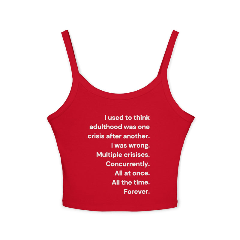 Women's Crop Tank Top — 'Adulthood' Minimalist Text Cropped Spaghetti Strap Tank