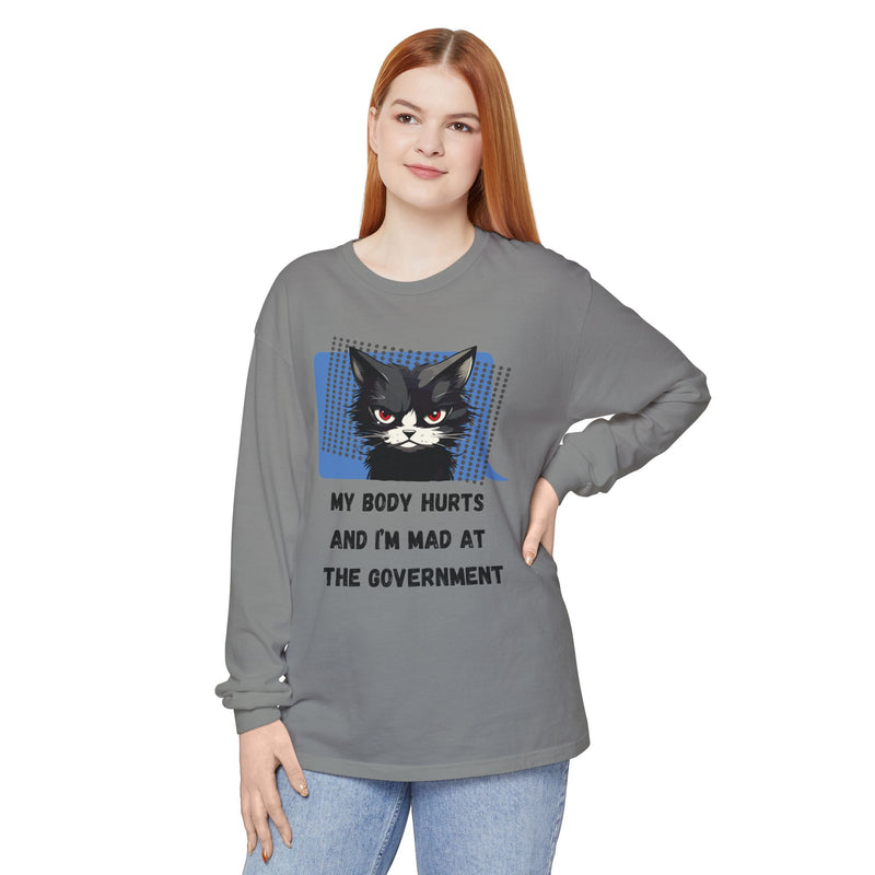 Long Sleeve T‑Shirt – "My Body Hurts and I’m Mad at the Government" Cat Graphic Oversized Tee