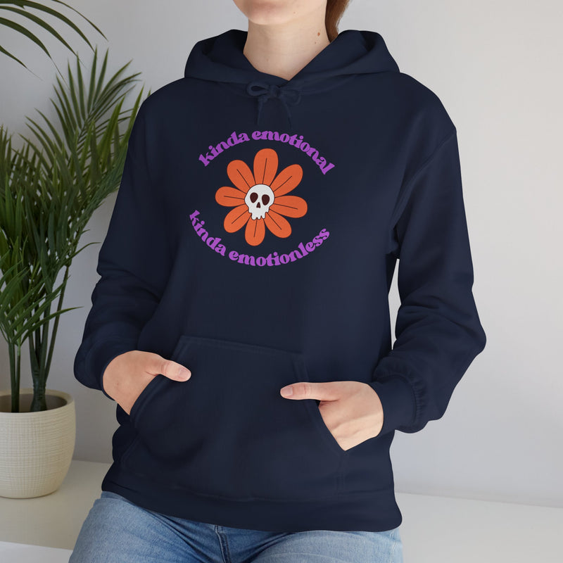 Floral Skull Graphic Hoodie — "Kinda Emotionless, Kinda Emotional" Mental Health Awareness Hooded Sweatshirt