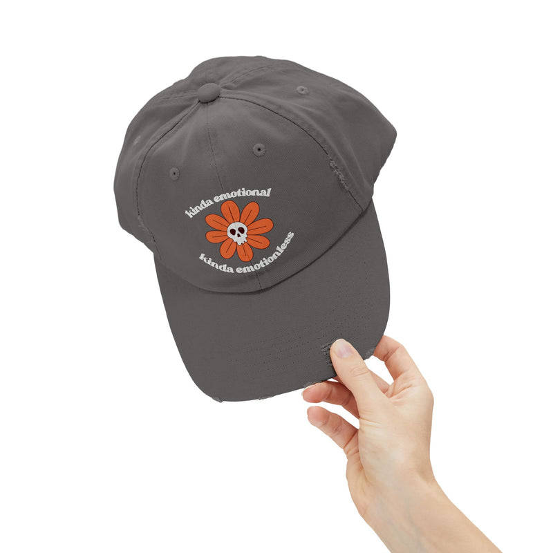 Kinda Emotional Kinda Emotionless Unisex Distressed Cap — Floral Skull Mental Health Awareness Baseball Hat