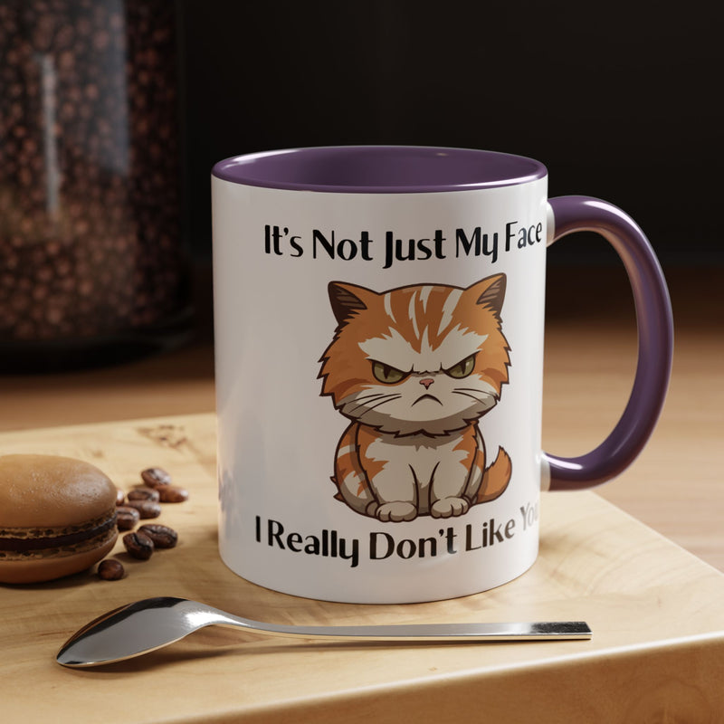 Ceramic Coffee or Tea Mug — "It's Not Just My Face, I Really Don't Like You" Sassy Cat Accent Mug