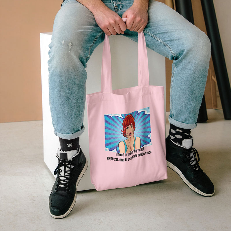 Retro Pop Art Reusable Tote Bag — "Teach My Facial Expressions to Use Their Inside Voice" Large Cotton Shopper