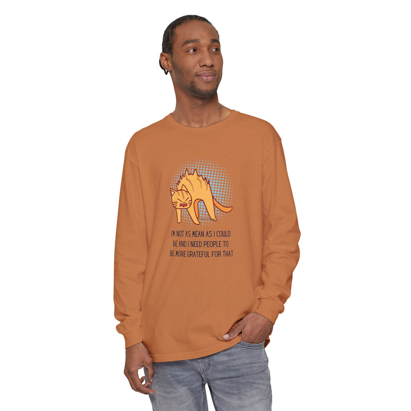 Sassy Cat Illustration Long Sleeve Tee — “I’m Not As Mean As I Could Be” Oversize T-Shirt
