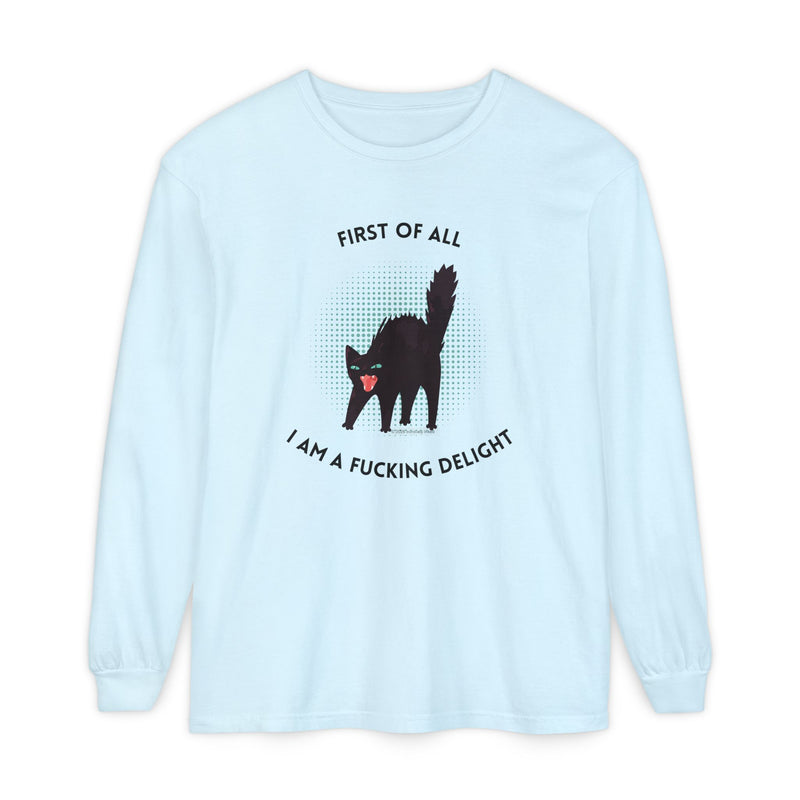 Long Sleeve Tee — “First of All I Am a Fucking Delight” Black Cat Graphic Oversized T-Shirt