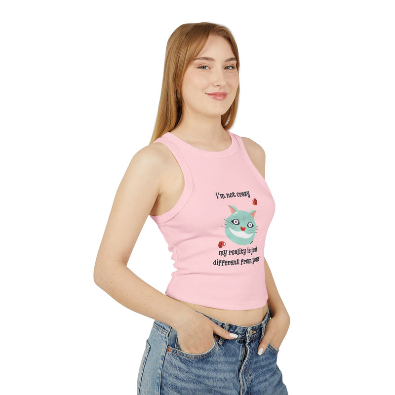 Women's Racer Tank — 'I'm Not Crazy' Cheshire Cat Graphic Crop Top