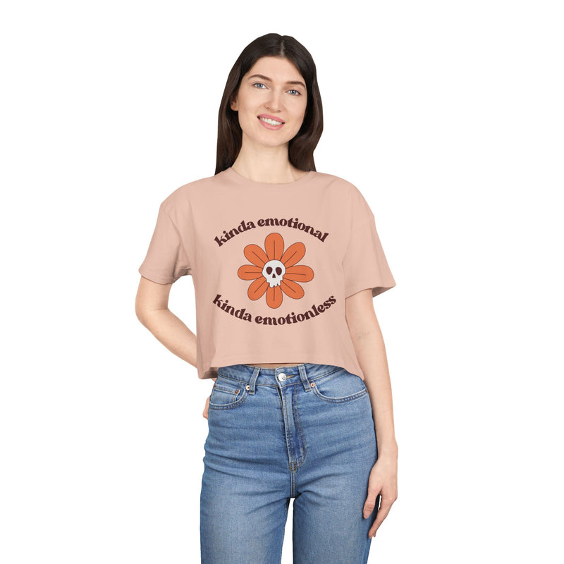 Crop Tee — 'Kinda Emotional, Kinda Emotionless' Retro Flower Skull Graphic T-shirt Top