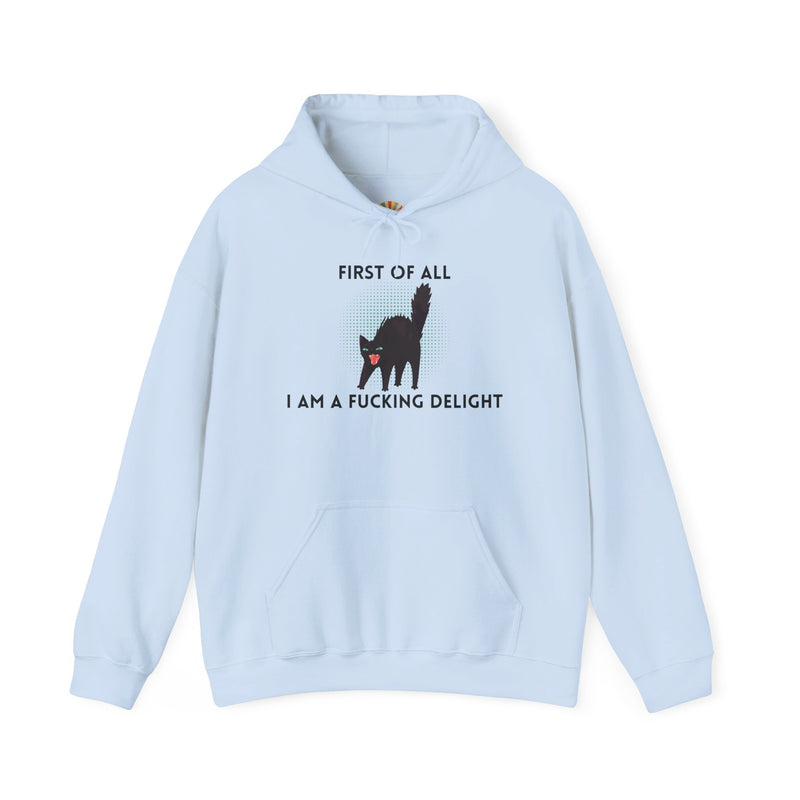 Sassy Cat Unisex Hoodie — "...I Am A Fucking Delight!" Graphic Hooded Sweatshirt