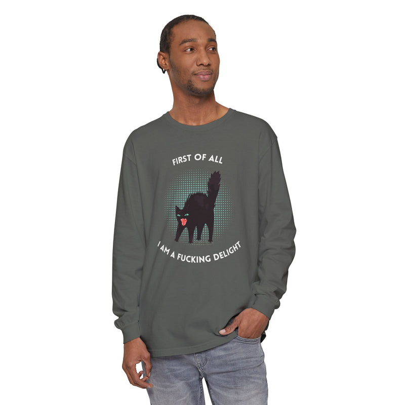 Long Sleeve Tee — “First of All I Am a Fucking Delight” Black Cat Graphic Oversized T-Shirt