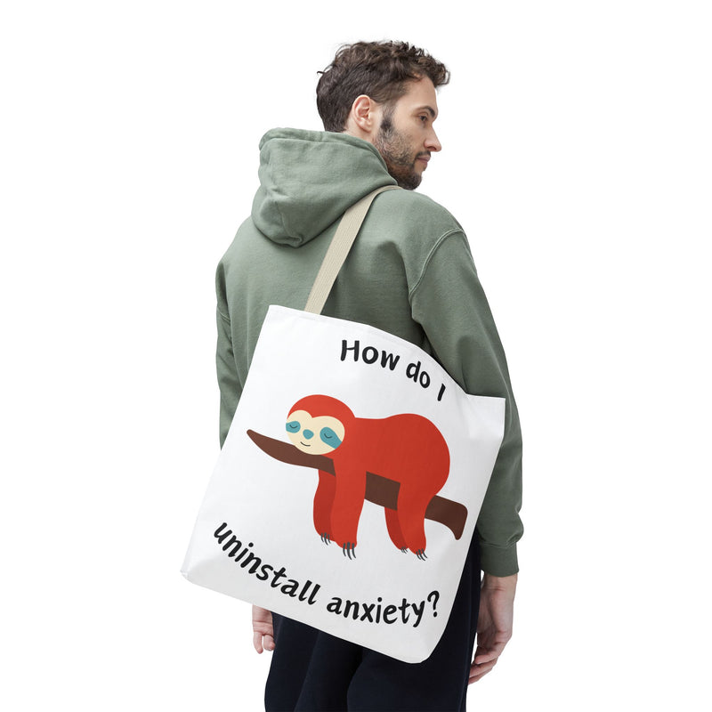 Large 18" x 18" How Do I Uninstall Anxiety? Exhausted Sloth Graphic Tote Bag