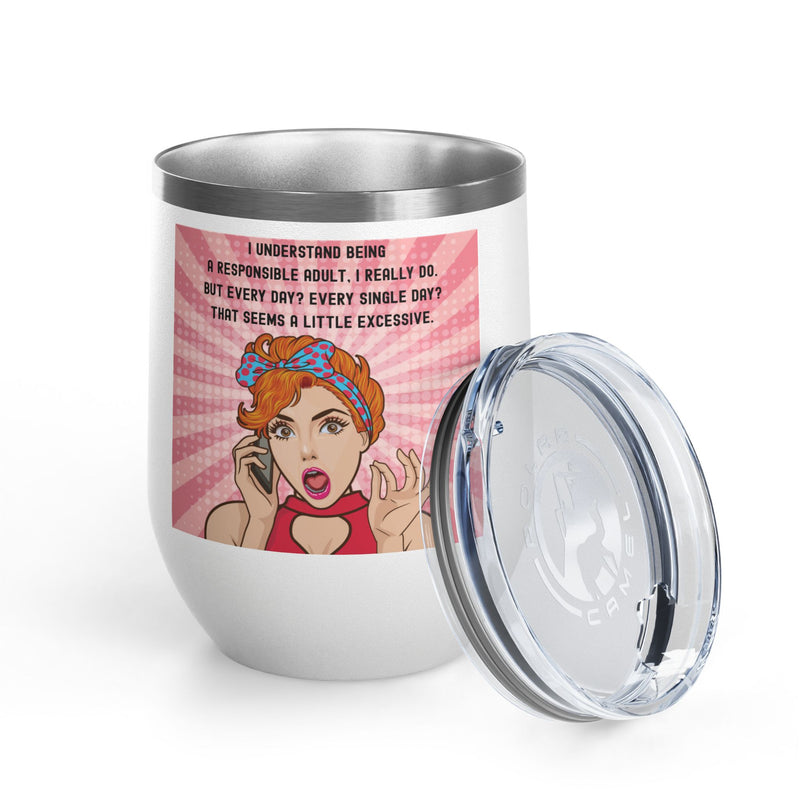 "Responsible Adult"Retro Pop Art Insulated Wine Tumbler - Stainless Steel 12oz