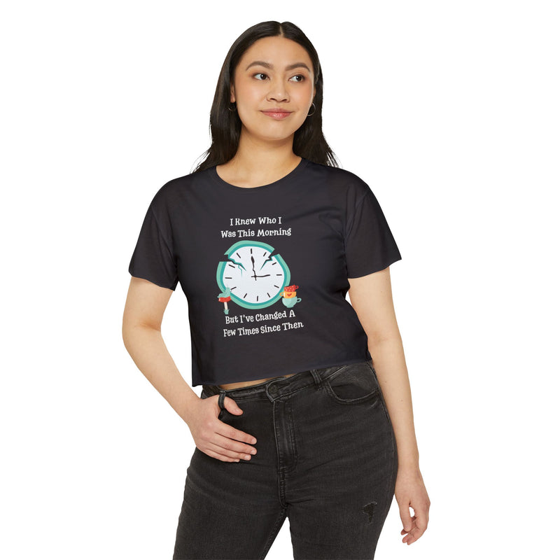 Wonderland Festival Crop Graphic Tee — "I Knew Who I Was This Morning..."
