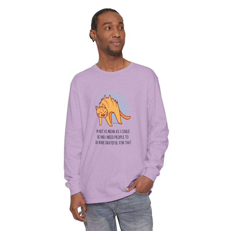 Sassy Cat Illustration Long Sleeve Tee — “I’m Not As Mean As I Could Be” Oversize T-Shirt