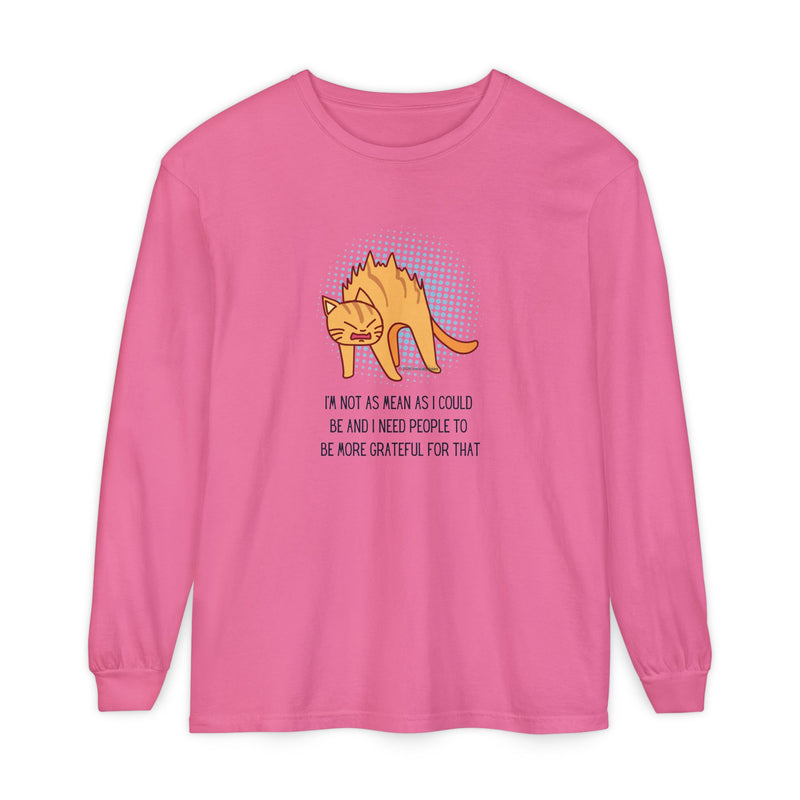 Sassy Cat Illustration Long Sleeve Tee — “I’m Not As Mean As I Could Be” Oversize T-Shirt