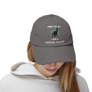 Distressed Baseball Cap — "First Of All I Am A Fucking Delight" Sassy Cat Hat