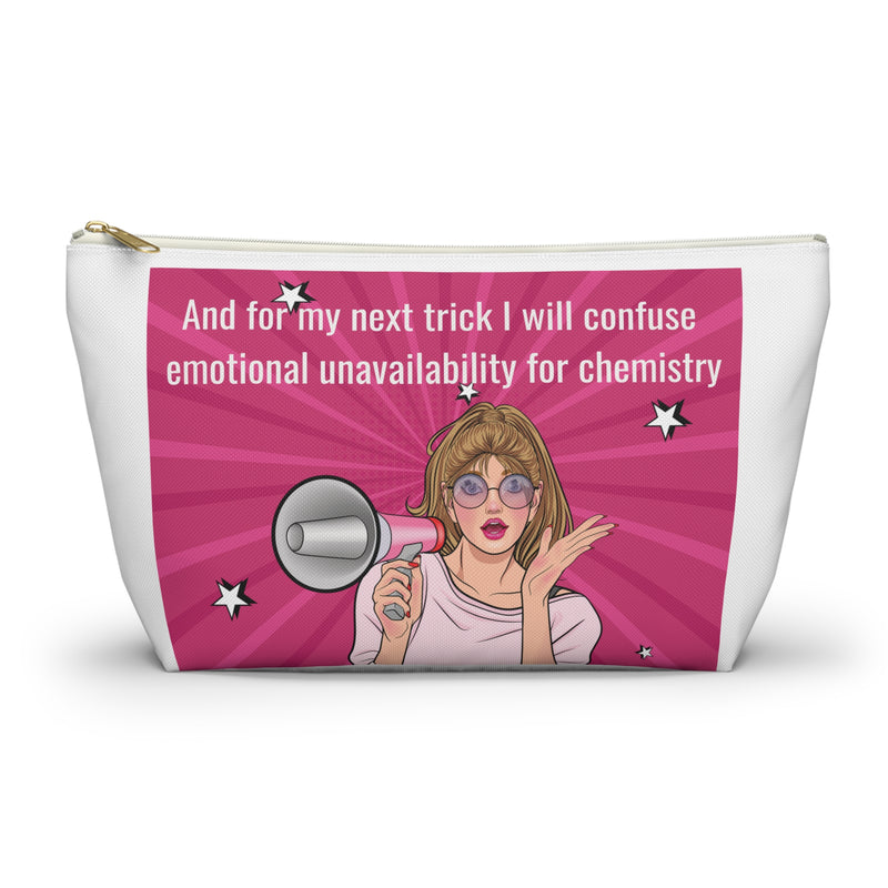 Large Size Accessory Pouch — Pink Pop Art Cosmetic Bag with Quote: “And for my next trick I will confuse emotional unavailability for chemistry”