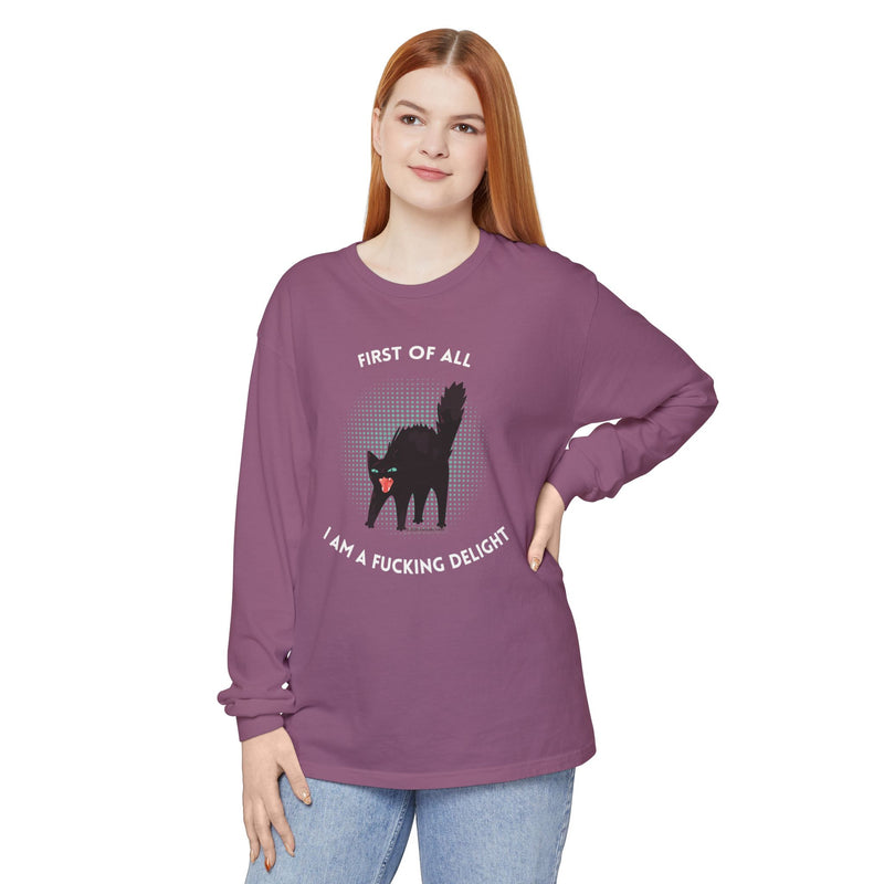 Long Sleeve Tee — “First of All I Am a Fucking Delight” Black Cat Graphic Oversized T-Shirt