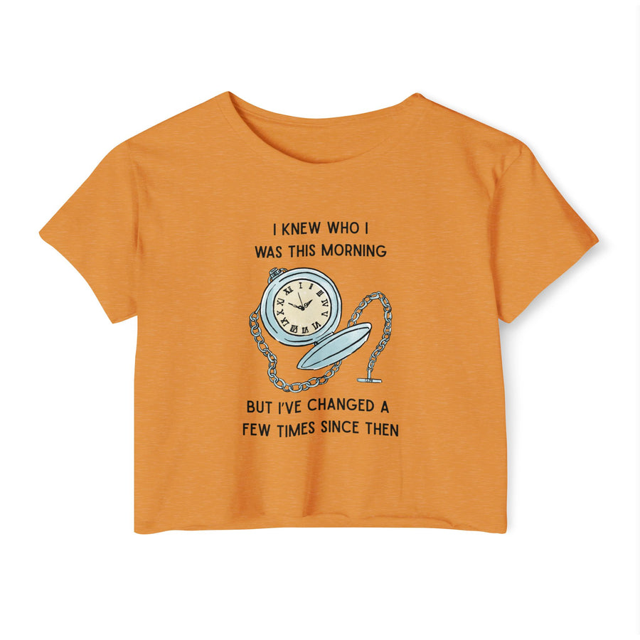 Women's Crop Top T-shirt — 'I Knew Who I Was This Morning' Wonderland Graphic Tee