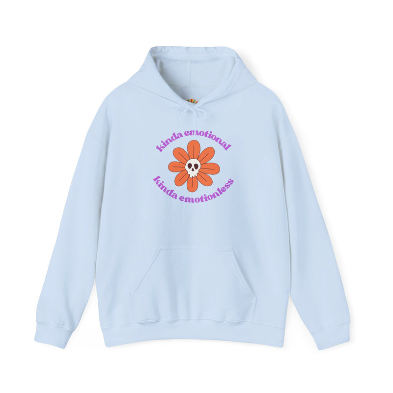 Floral Skull Graphic Hoodie — "Kinda Emotionless, Kinda Emotional" Mental Health Awareness Hooded Sweatshirt