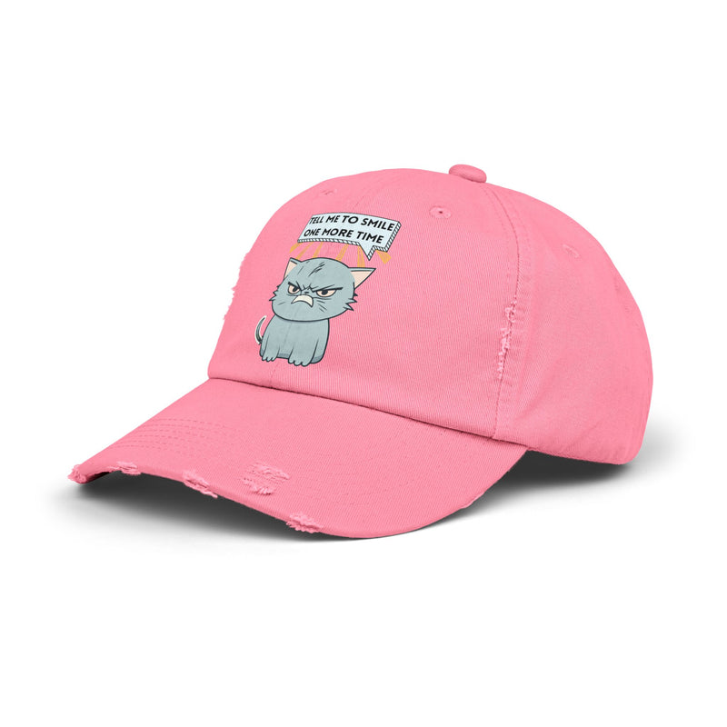 Sassy Cat Distressed Cap — "Tell Me To Smile One More Time" Unisex Baseball Hat