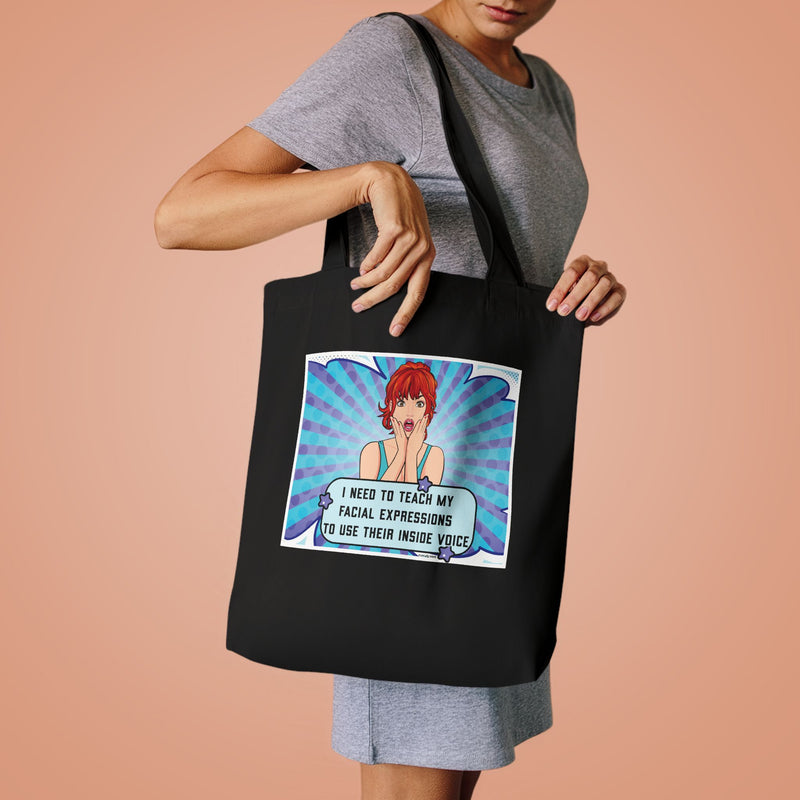 Retro Pop Art Reusable Tote Bag — 'Facial Expressions' Large Cotton Book Bag