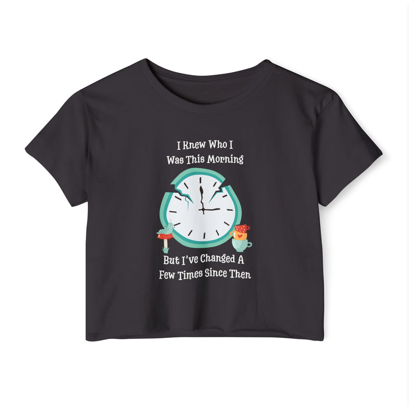 Wonderland Festival Crop Graphic Tee — "I Knew Who I Was This Morning..."