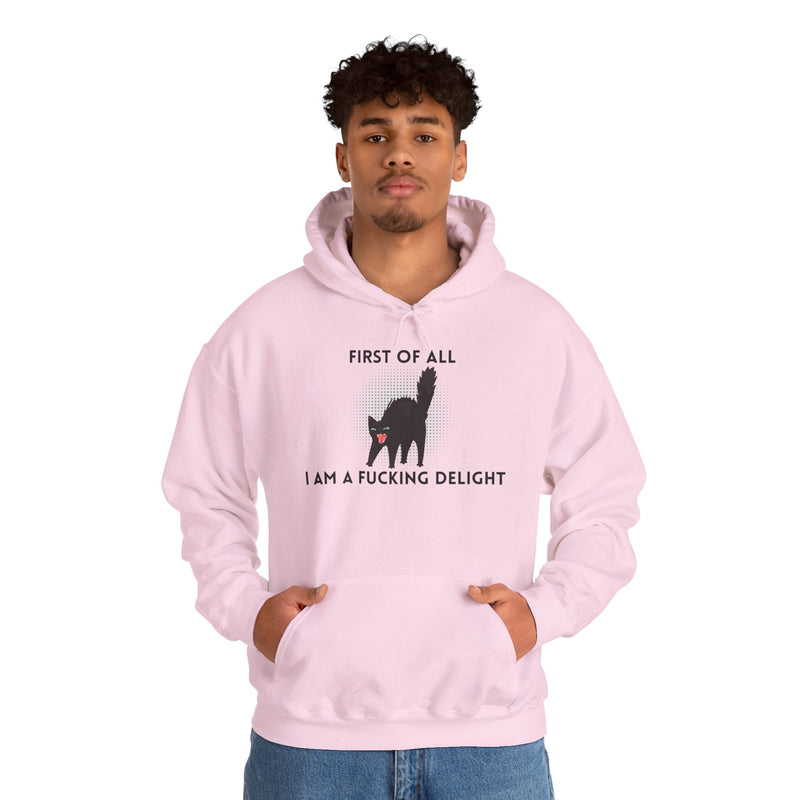 Sassy Cat Unisex Hoodie — "...I Am A Fucking Delight!" Graphic Hooded Sweatshirt