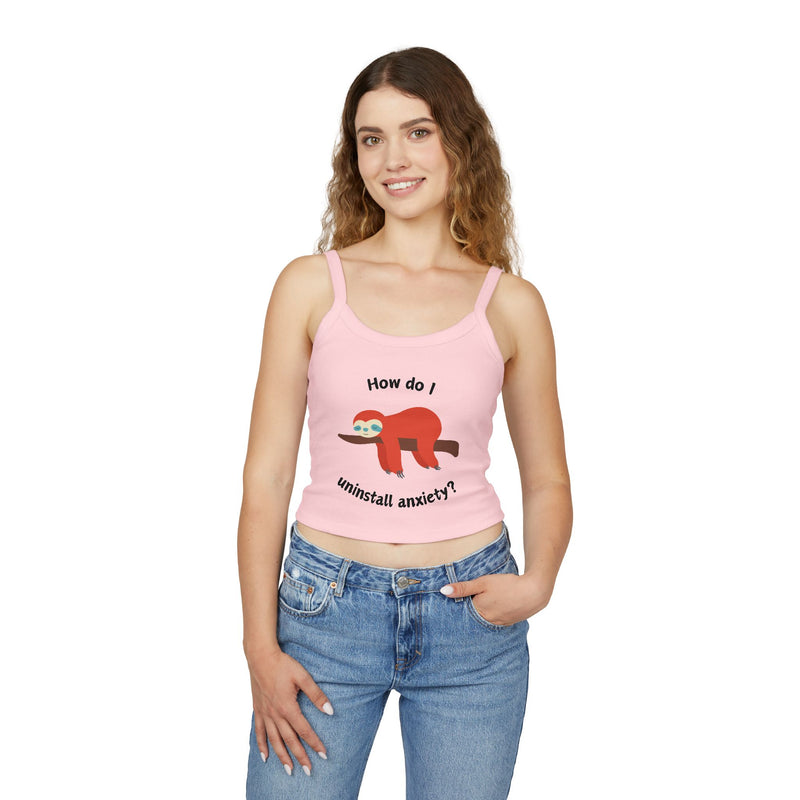 Women’s Tank Top — Exhausted Sloth “How do I uninstall anxiety?” Graphic Crop Tank